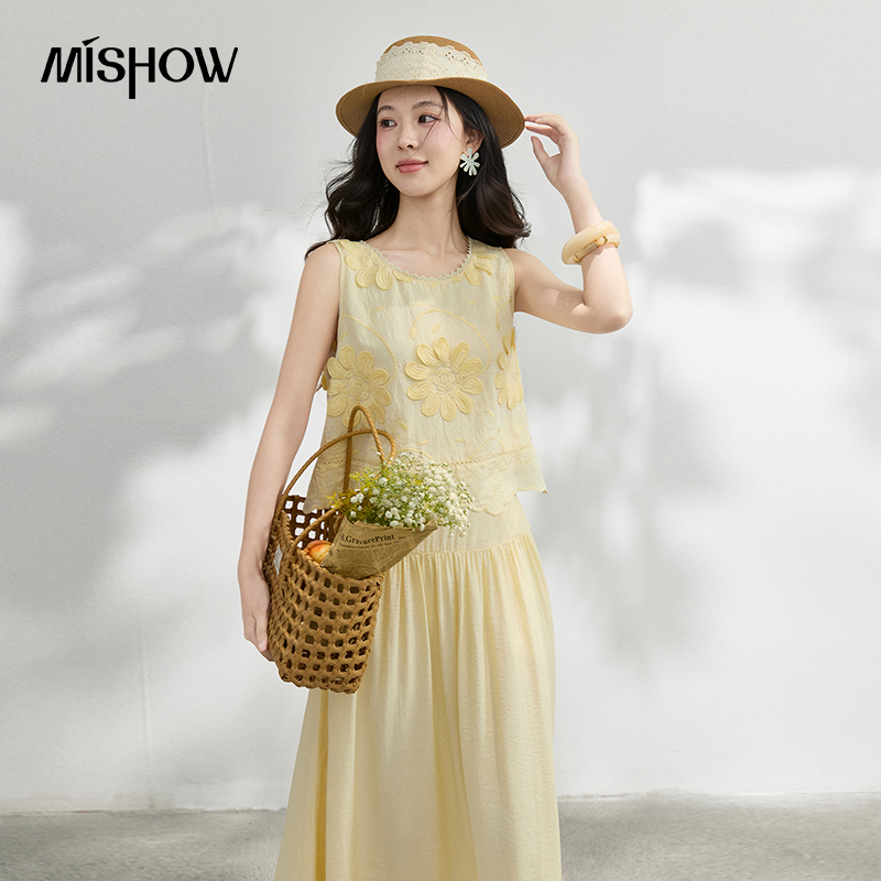Embroidery Blouse - MISHOW フレンチフローラル刺繍ブラウスソリッドスカートセット夏ノースリーブタンクトップハイウエストミディスカート休暇セット MXF25T1627