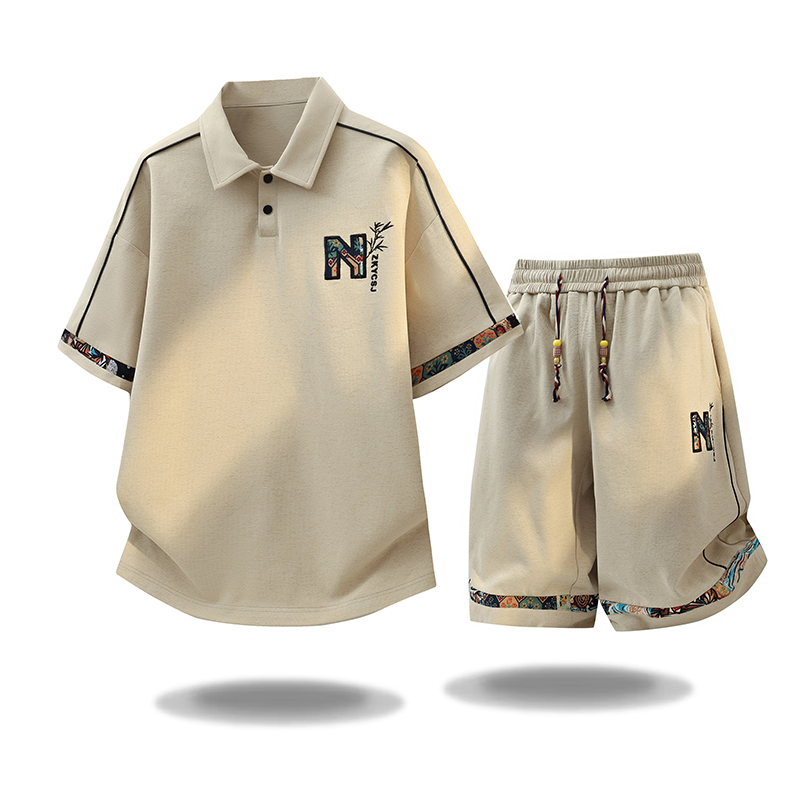 Embroidery Men Shirt - 新しい夏のファッショントレンディなアウトドアスポーツ半袖Tシャツセットメンズカジュアルルーズプラスサイズ高品質2ピースセット