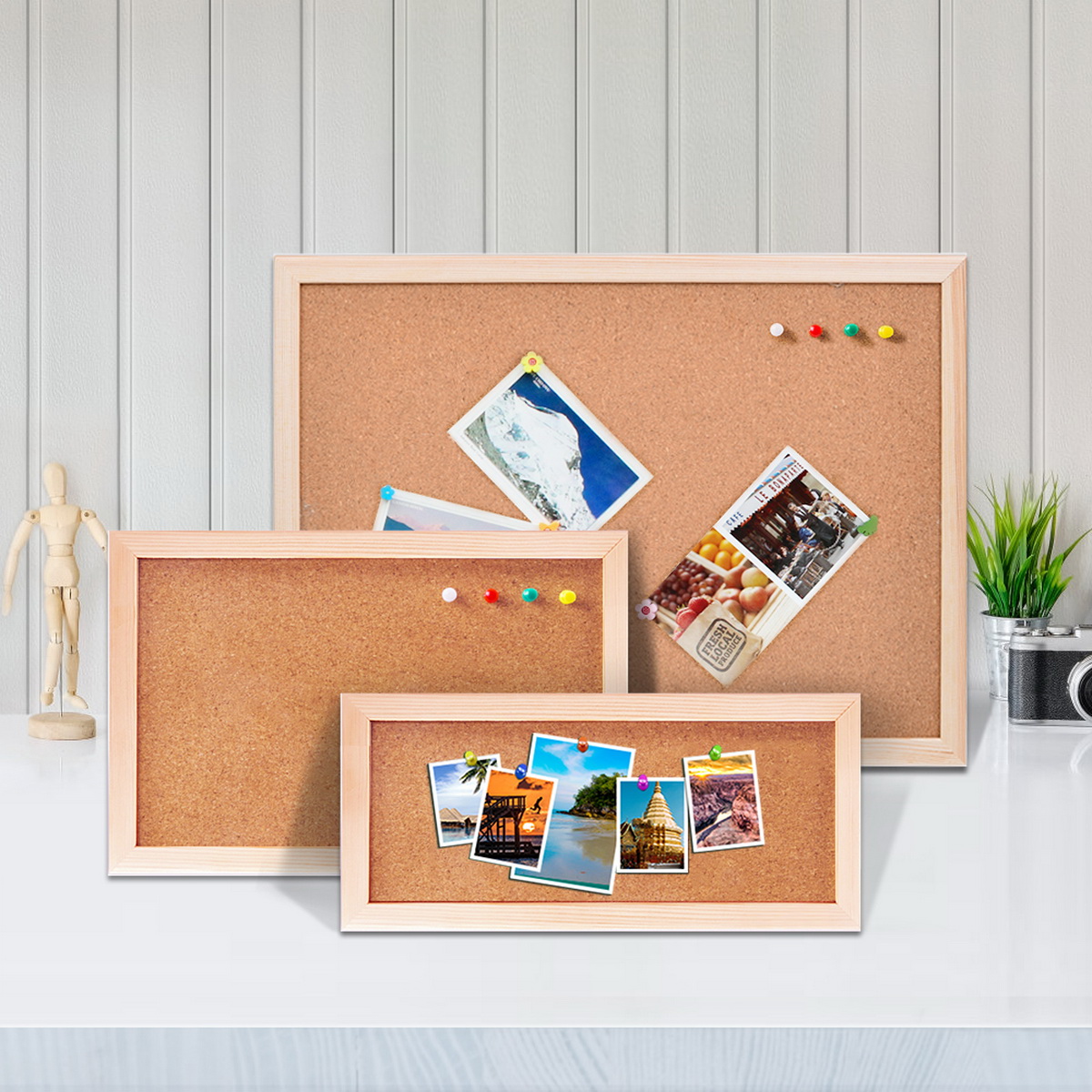 Frame Display Wood - ヴィンテージパインウッドフレームコルクボードメッセージボード写真展示や掲示板用に3サイズをご用意