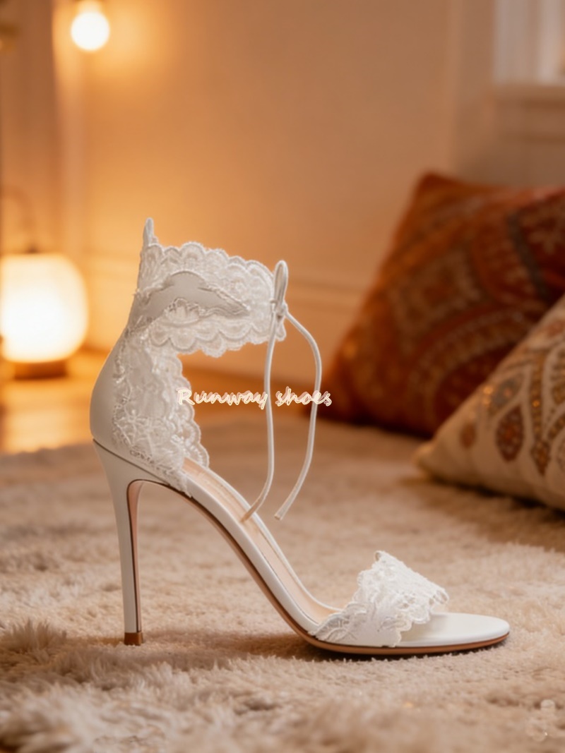 Embroidery White - レース生地レースシングルバックルストラップラウンドトゥ足首包帯白の結婚式の靴シングルバックルストラップ手作り高級靴
