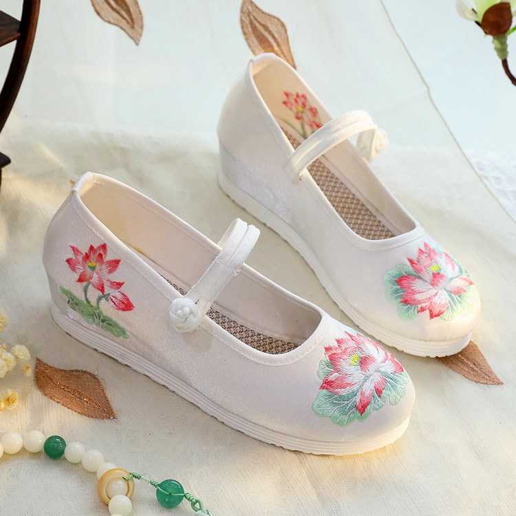 Embroidery White - 2026 女性用白と緑の蓮の刺繍ウェッジヒールメリージェーンシューズオリエンタルスタイル中国漢服シューズカジュアルパンプス Q-240