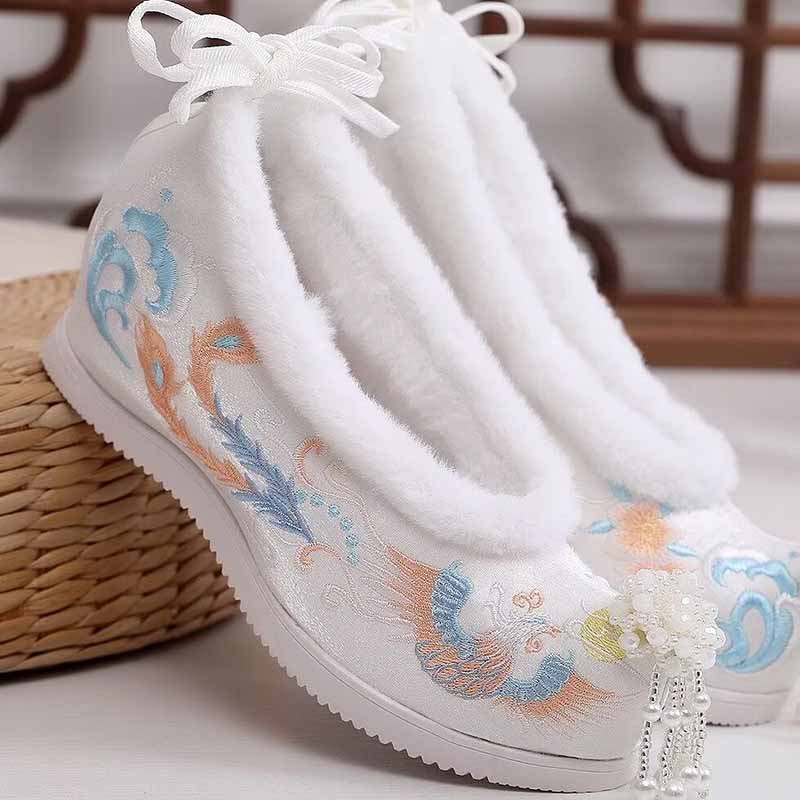 Embroidery White - 冬の漢服の靴女性中国古代刺繍靴大きいサイズ暖かい赤白ヴィンテージ刺繍漢服の靴プラスサイズ 41 #