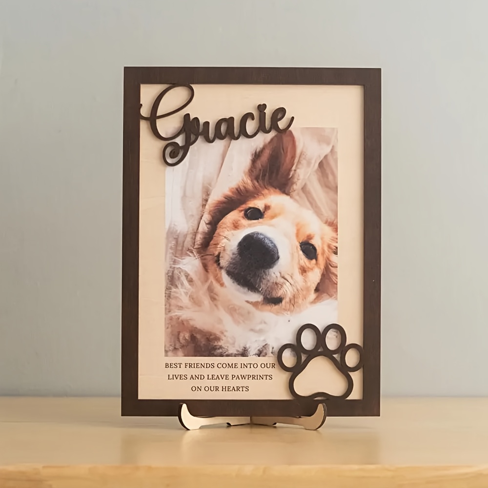 Frame Display Wood - カスタマイズ可能な木製ペット写真フレーム（名前と日付入り）- 縦型卓上ディスプレイ、犬のメモリアルギフト