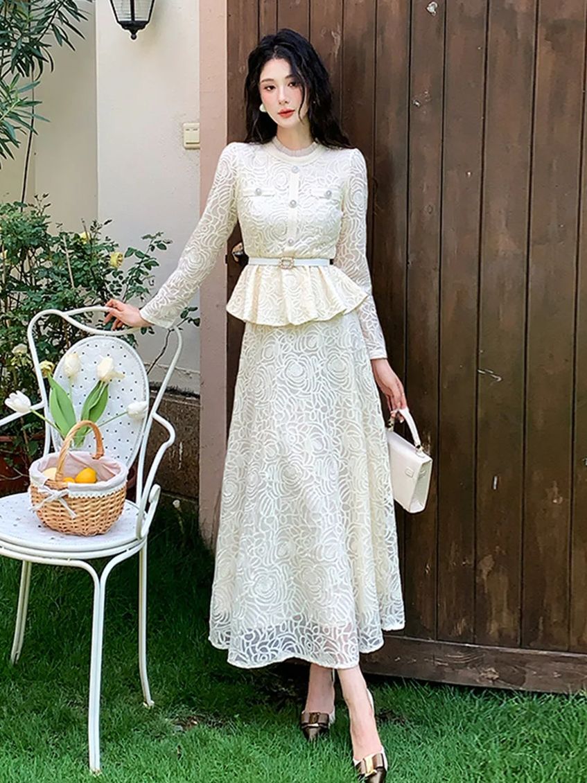 Embroidery Blouse - フォーマルな高級イブニングレースツーピースドレスセット レディース 秋 刺繍入りスリムブラウストップス ミディアム丈Aラインスカートスーツ 女性用衣装