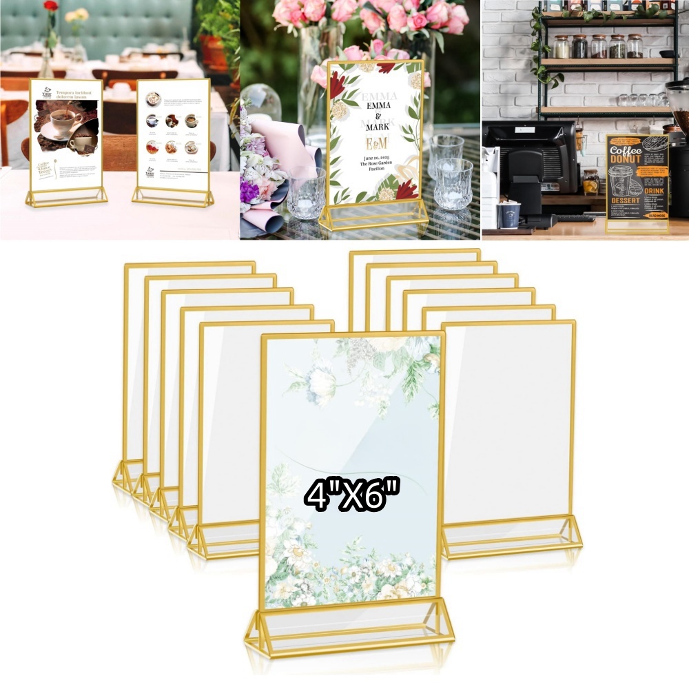Embroidery Studio - 4 × 6 インチアクリルサインホルダー 3 ミリメートルゴールドボーダー垂直スタンド結婚式の額縁テーブルメニュースタンドフォトアートディスプレイ