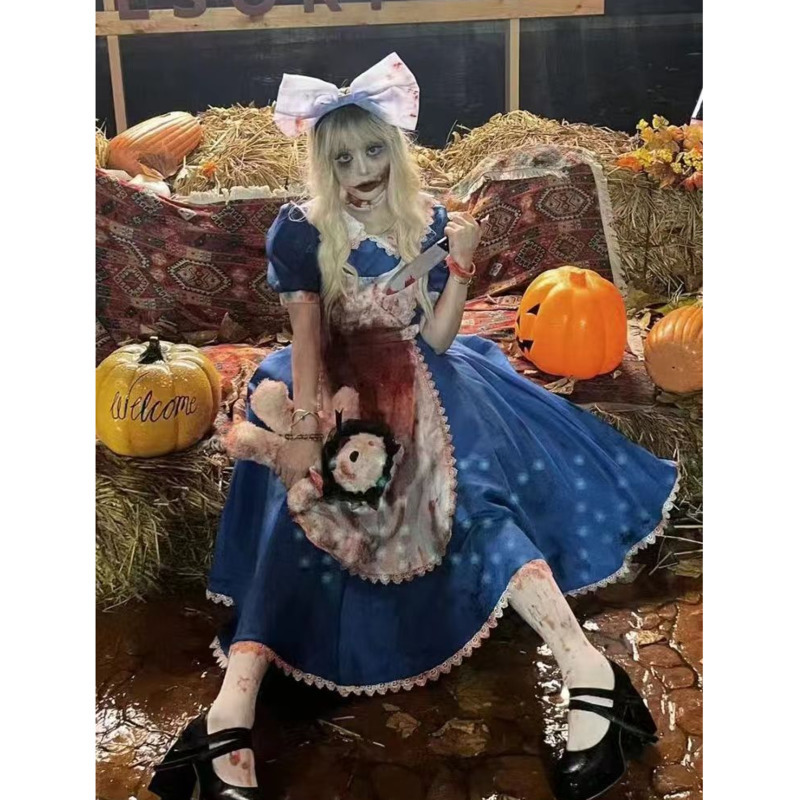 Embroidery Dress - オリジナルドレスセットハロウィンロリータゴスブラッドホラーコスプレOPドレス女性女の子刺繍エプロン半袖OPドレス