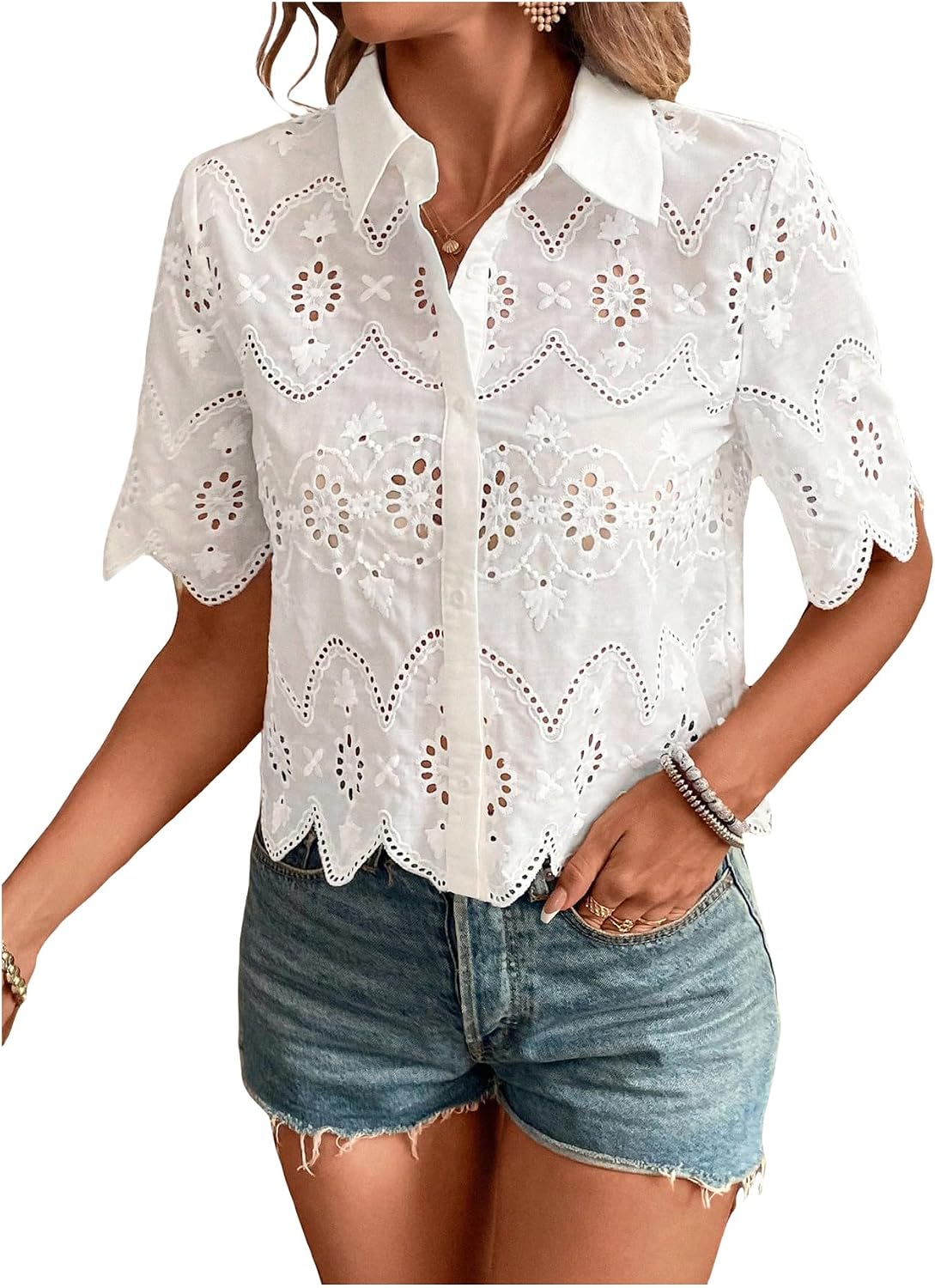 Embroidery Blouse - レディース半袖ボタンダウン襟付きブラウス刺繍アイレットトップ