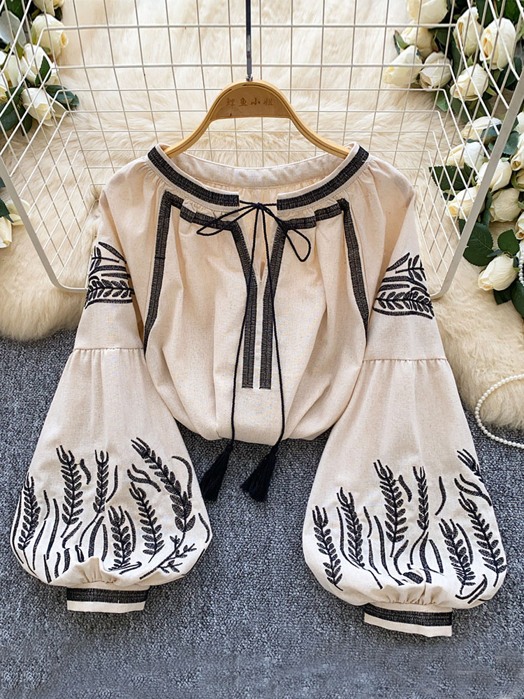 Embroidery Blouse - 女性ボヘミアンスタイルブラウス刺繍入りランタンスリーブゆったりとした早春シャツリラックスフィット見栄えの良いヴィンテージデザイントップ BL330