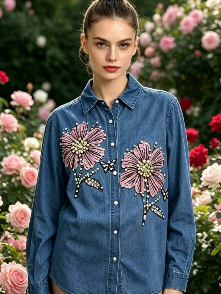 Embroidery Blouse - 女性デニム刺繍ブラウス春秋長袖女性ブラウスシャツオフィスエレガントなワークシャツトップ Blusas Mujer De Moda