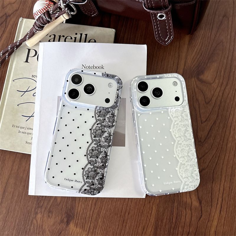 Embroidery White - 水玉模様のレースが施された白黒のかわいいスマホケース iPhone 18 17 Air 16