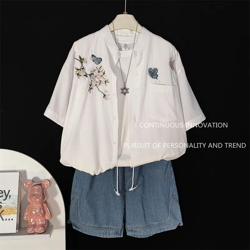 Embroidery Men Shirt - メンズ3点セット 中華風刺繍半袖シャツ タンクトップ デニムショートパンツ セットアップ