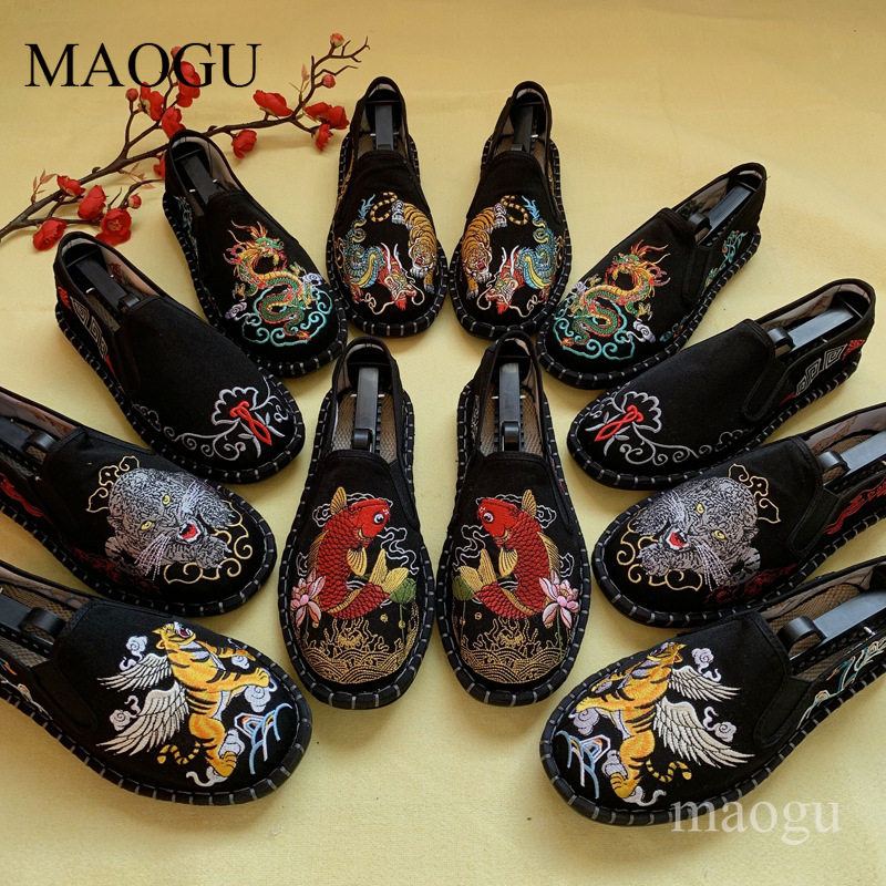 Embroidery Stitches - ユニセックス中国風刺繍スリッポンシューズ、龍虎柄ステッチソールフラットローファー、伝統的なカジュアルメンズ・レディースシューズ