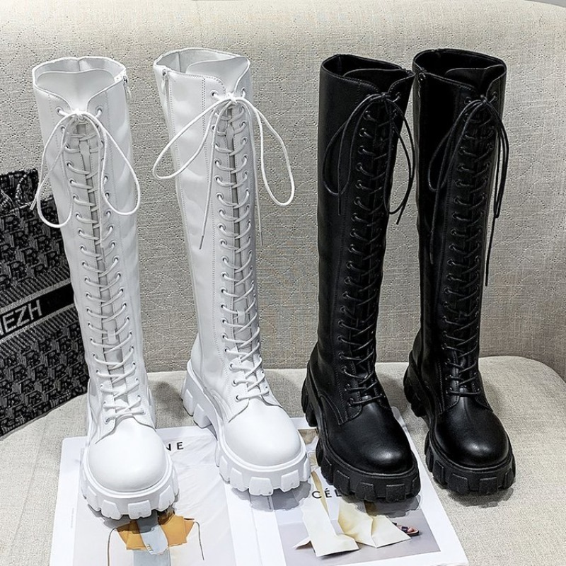 Embroidery White - 女性用ニーハイブーツ、レースアップコンバットブーツ、プラットフォームラグソール、ラウンドトゥ、サイドジッパー、トール丈、冬用ストリートウェアフットウェア、黒と白