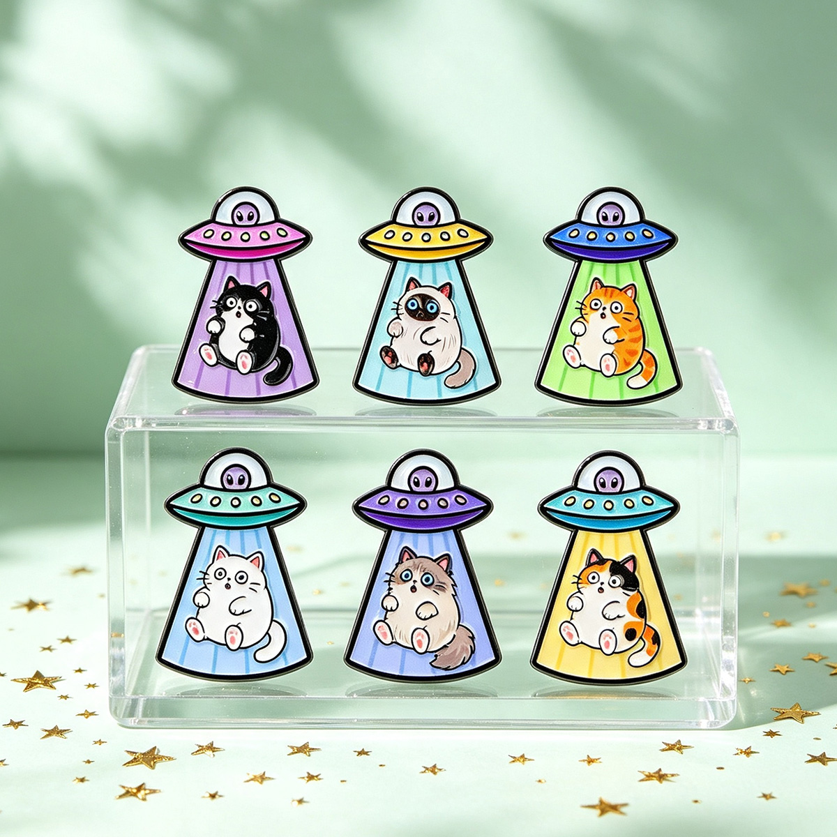 面白いUFOエイリアン猫のエナメルピン、漫画の蝶バッジ、バッ - Embroidery Illustration のレビューと価格