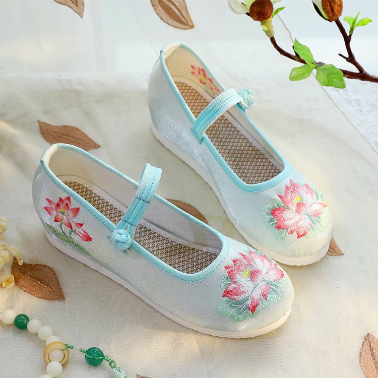 2026 女性用白と緑の蓮の刺繍ウェッジヒールメリージェーン - Embroidery White のレビューと価格