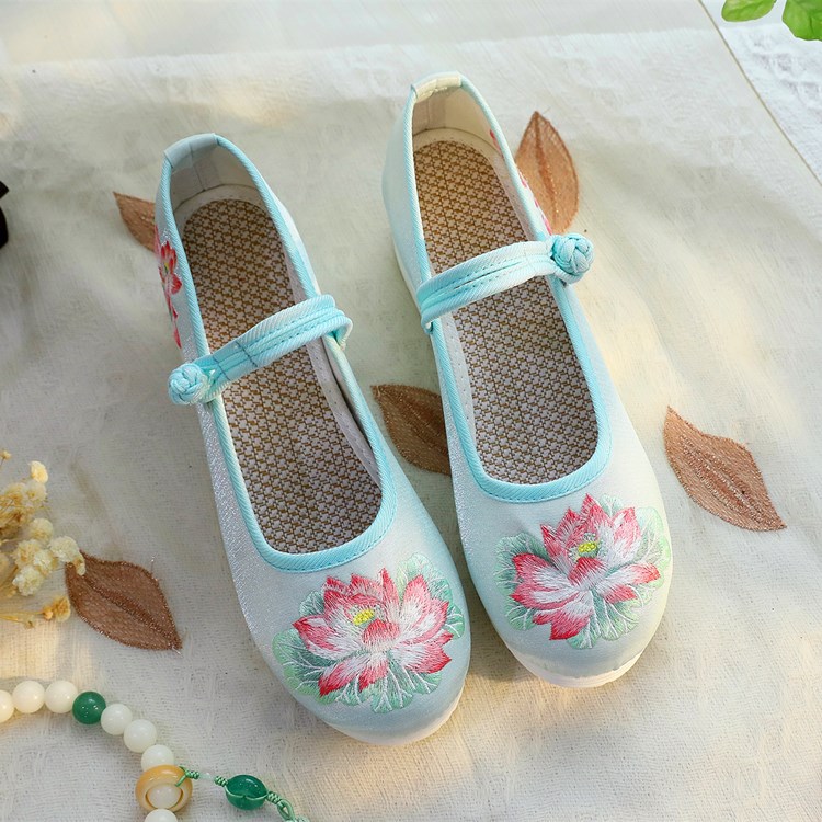 2026 女性用白と緑の蓮の刺繍ウェッジヒールメリージェーン - Embroidery White のレビューと価格