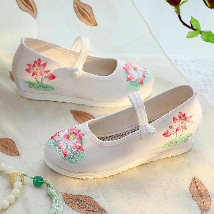 2026 女性用白と緑の蓮の刺繍ウェッジヒールメリージェーン - Embroidery White のレビューと価格