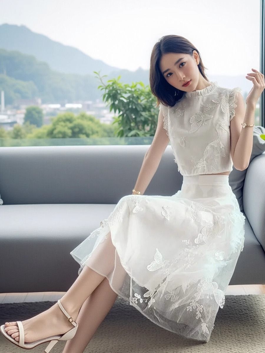 新作夏物高級ホワイトツーピースセット レディースファッション - Embroidery Blouse のレビューと価格