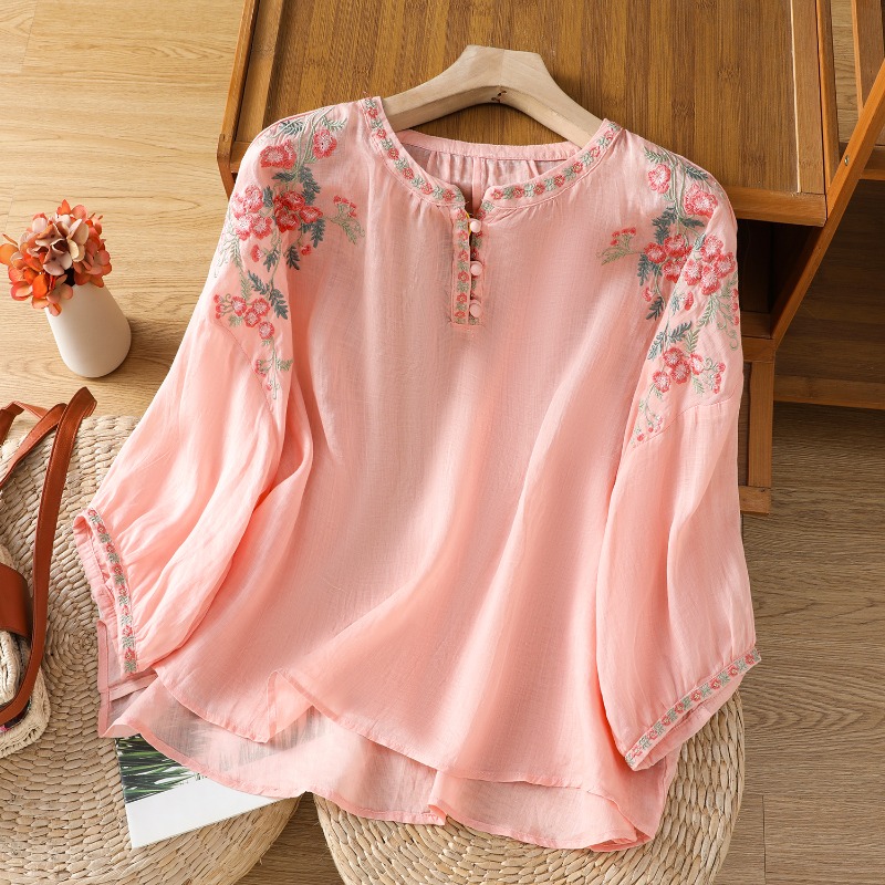 中国風の婦人服ブラウスヴィンテージ刺繍シャツルーズ夏服半袖コ - Embroidery Blouse のレビューと価格
