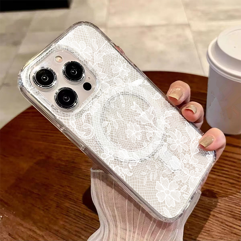 ロマンチックな白いレースの花柄マグネット式iPhoneケース - Embroidery White のレビューと価格