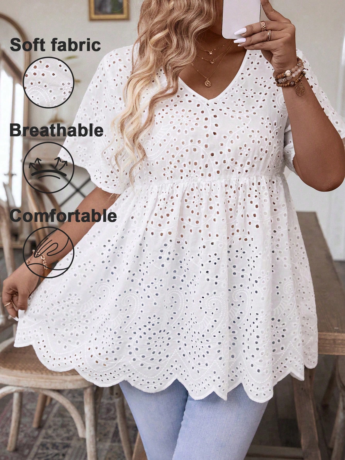 女性用プラスサイズホワイトアイレット刺繍Vネックペプラムトッ - Embroidery Blouse のレビューと価格