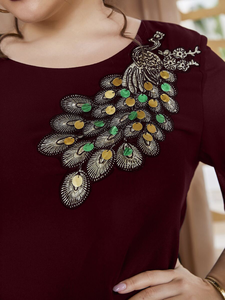 プラスサイズの女性用刺繍孔雀柄トップス、半袖シフォンブラウス - Embroidery Blouse のレビューと価格