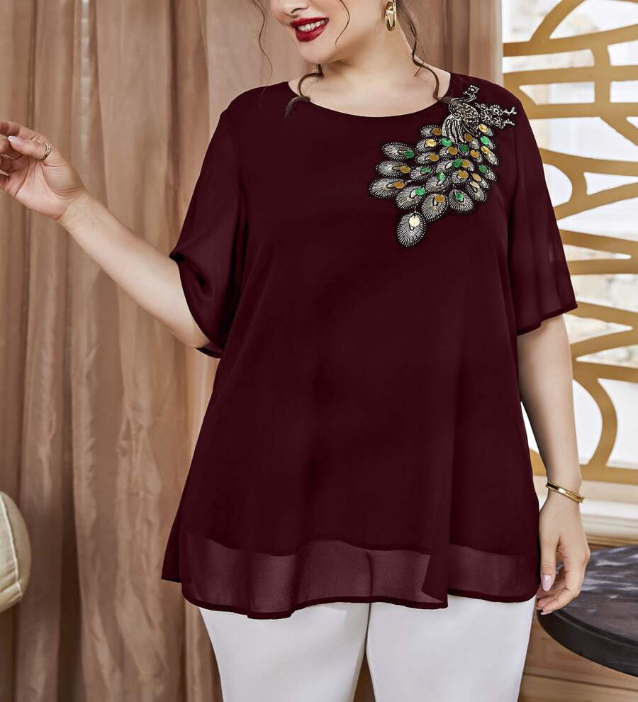 プラスサイズの女性用刺繍孔雀柄トップス、半袖シフォンブラウス - Embroidery Blouse のレビューと価格