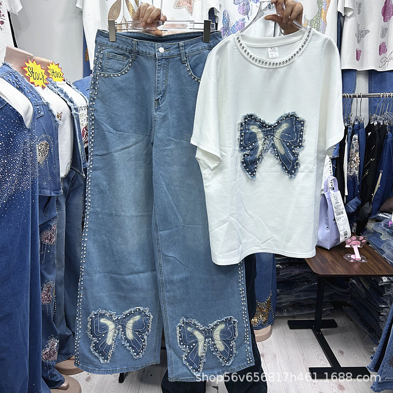 春夏新作ゆったりレディースツーピースセット刺繍蝶柄白半袖Tシ - Embroidery Blouse のレビューと価格