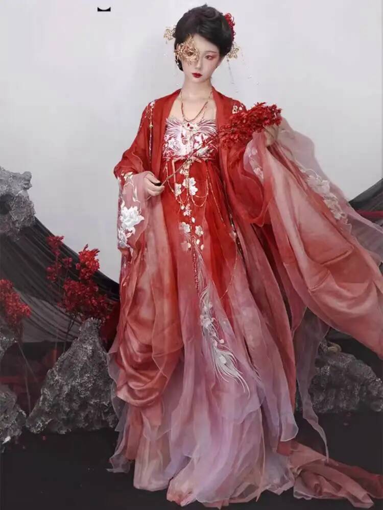 漢服を着た女性、豪華な刺繍が施されたヘジドレス、大きな袖のセ - Embroidery Dress のレビューと価格