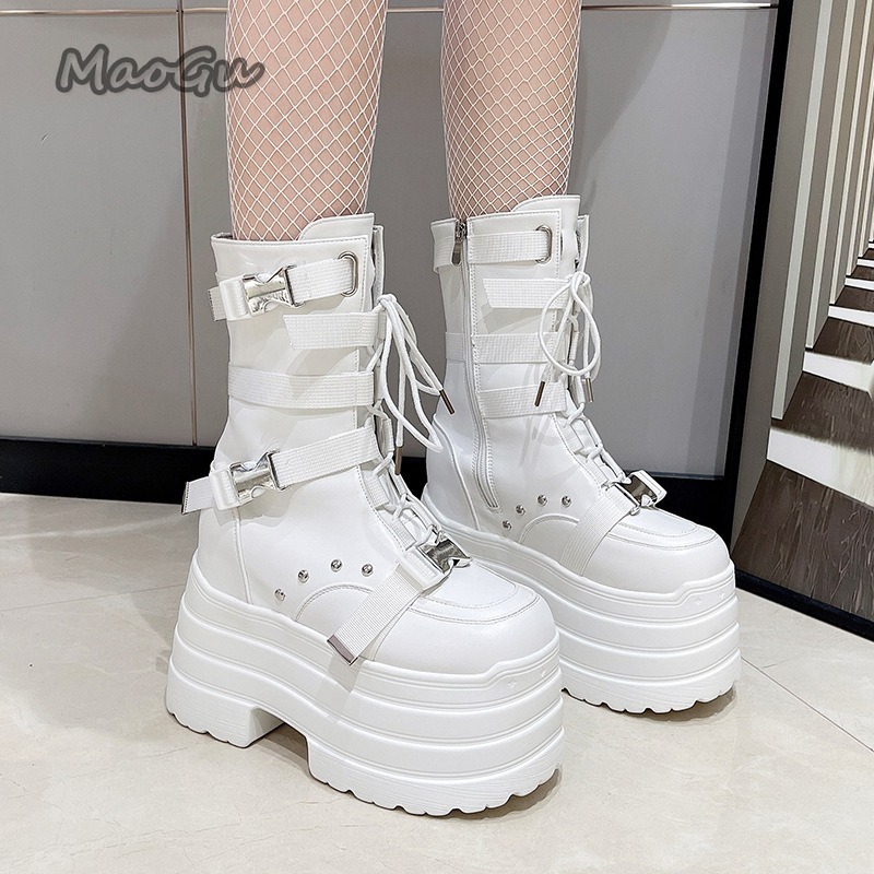 ファッションデザイン超ハイレディースブーツ厚底バックルストラ - Embroidery White のレビューと価格
