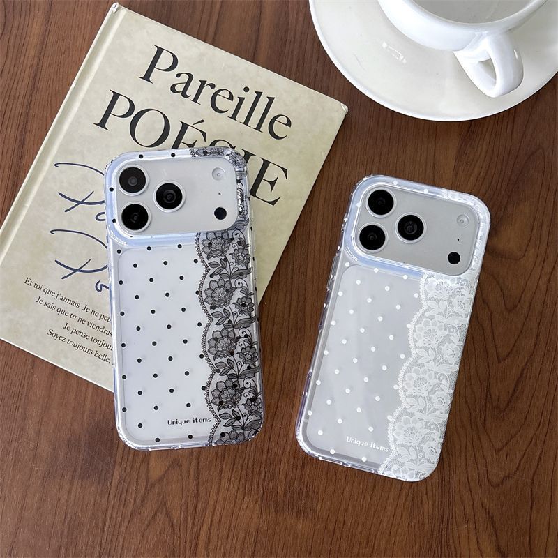 水玉模様のレースが施された白黒のかわいいスマホケース iPh - Embroidery White のレビューと価格