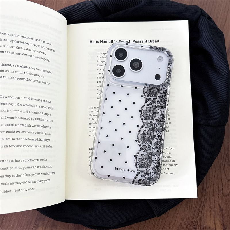 水玉模様のレースが施された白黒のかわいいスマホケース iPh - Embroidery White のレビューと価格