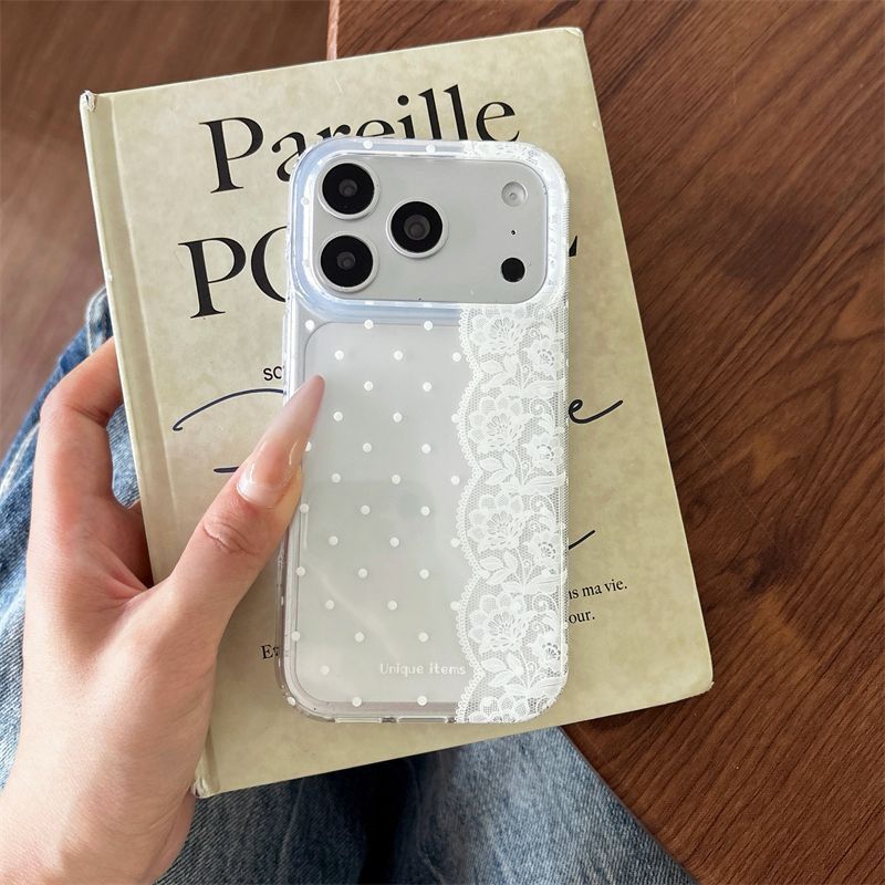 水玉模様のレースが施された白黒のかわいいスマホケース iPh - Embroidery White のレビューと価格