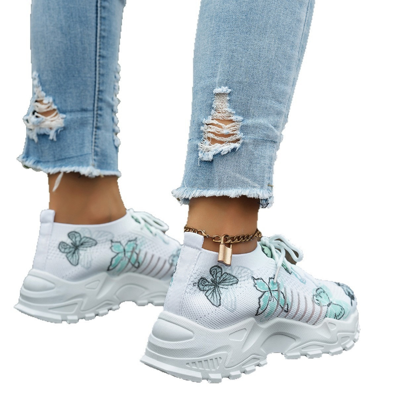 女性バタフライプリントメッシュスニーカーホワイトEVAプラッ - Embroidery White のレビューと価格