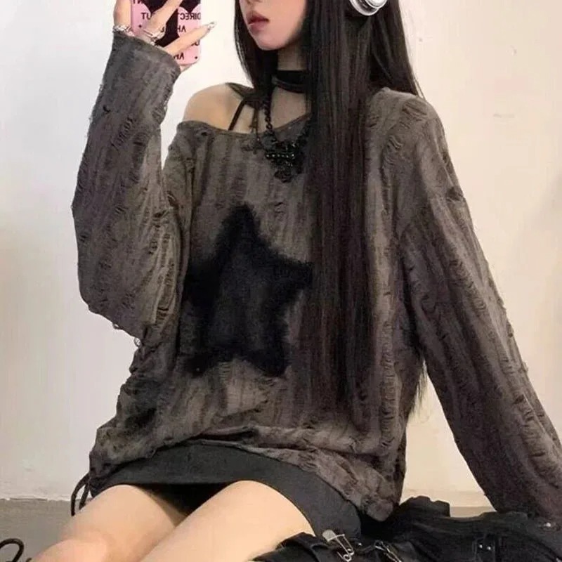 Y2K ホールスタープリント Tシャツ女性ファッションストリ - Embroidery Blouse のレビューと価格