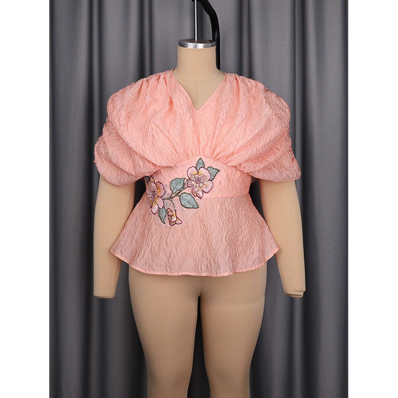 Slergiri プラスサイズ花柄刺繍 V ネックペプラムブ - Embroidery Blouse のレビューと価格