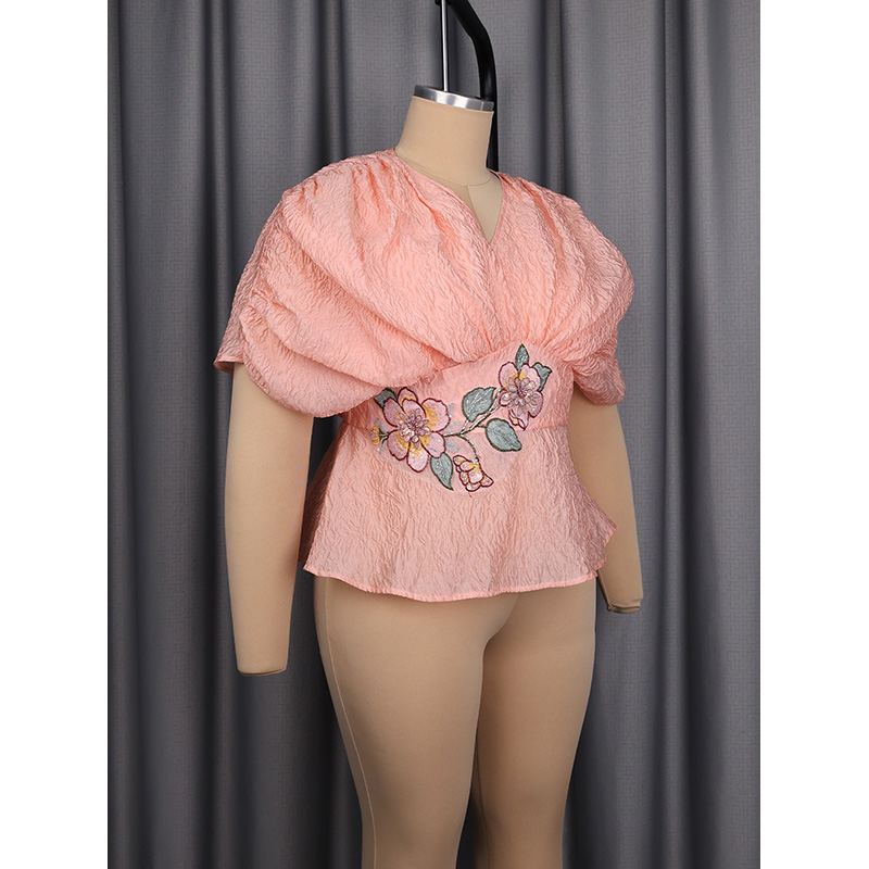 Slergiri プラスサイズ花柄刺繍 V ネックペプラムブ - Embroidery Blouse のレビューと価格