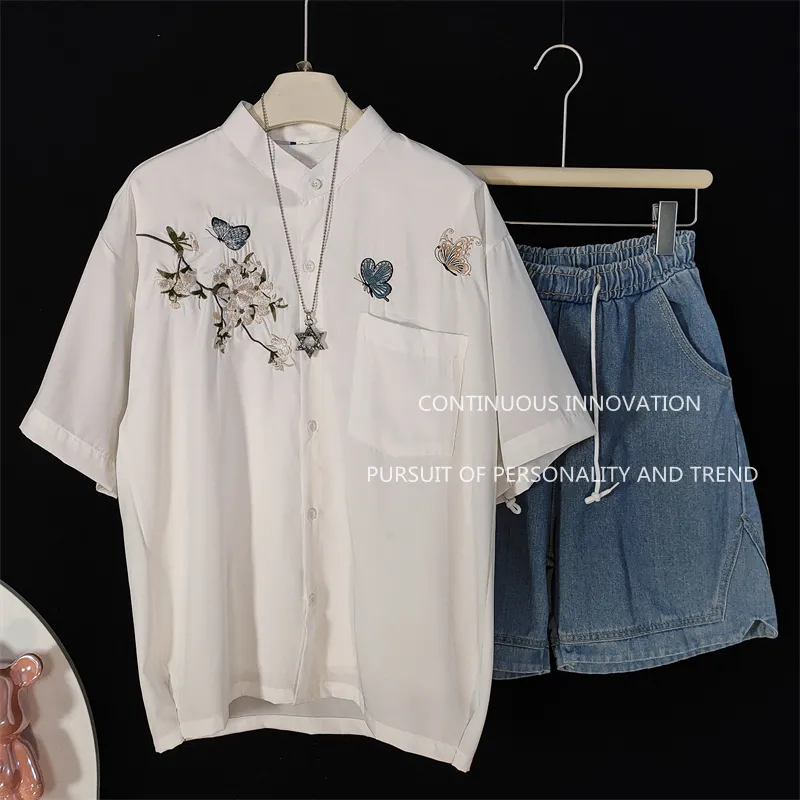 メンズ3点セット 中華風刺繍半袖シャツ タンクトップ デニム - Embroidery Men Shirt のレビューと価格
