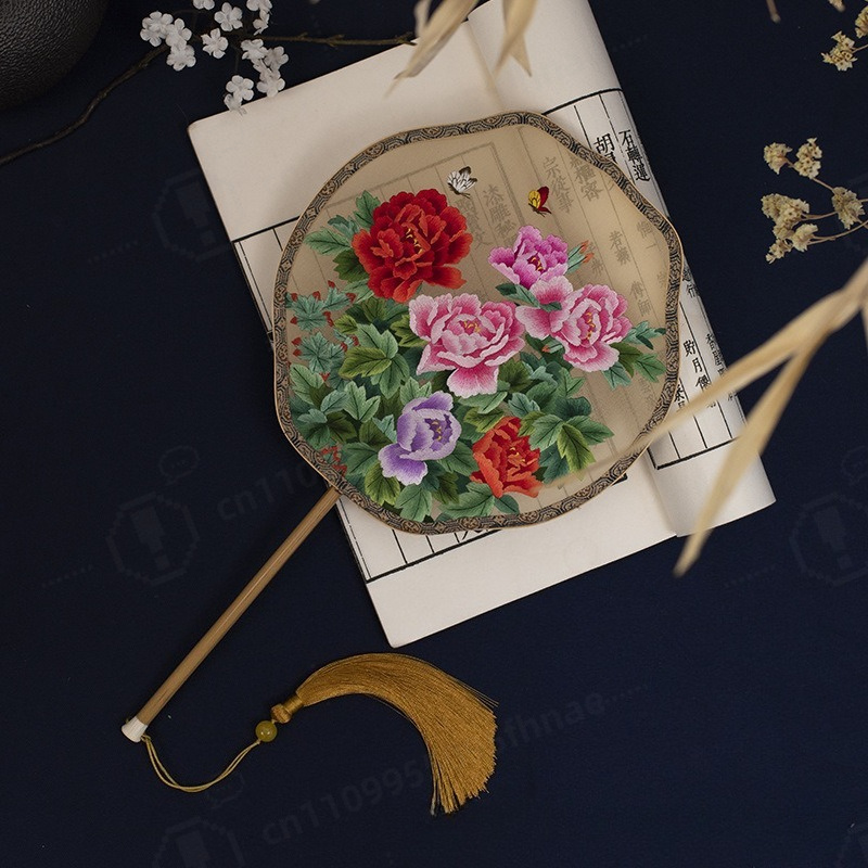 手作り両面刺繍シルクラウンドファン中国ヴィンテージタッセルフ - Embroidery Gift のレビューと価格