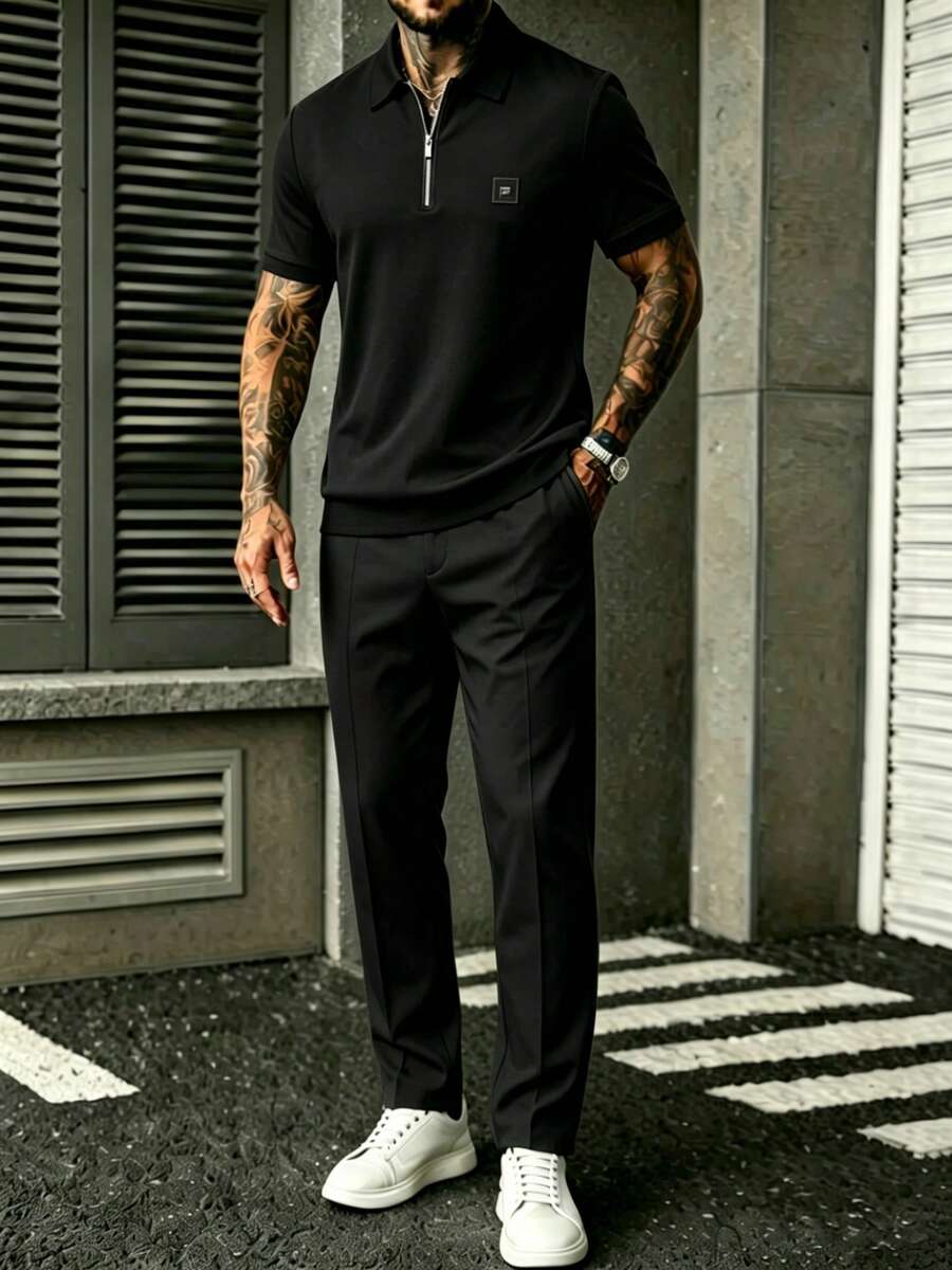 メンズブラック四分袖ジップアップシャツ＆パンツセット（刺繍ロ - Embroidery Men Shirt のレビューと価格