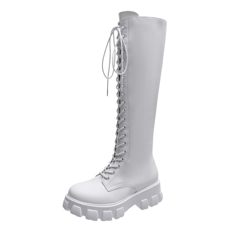 女性用ニーハイブーツ、レースアップコンバットブーツ、プラット - Embroidery White のレビューと価格