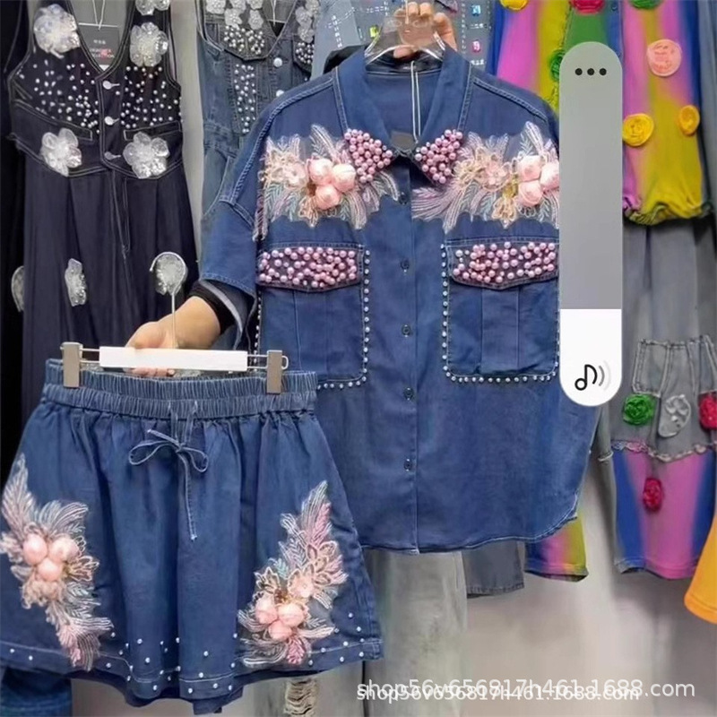 女性ダイヤモンドビーズ花刺繍デニムシャツ真珠ジーンズブラウス - Embroidery Blouse のレビューと価格