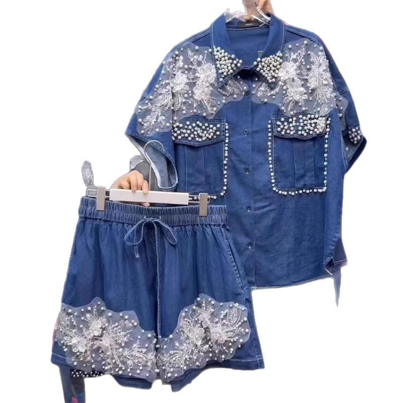 女性ダイヤモンドビーズ花刺繍デニムシャツ真珠ジーンズブラウス - Embroidery Blouse のレビューと価格